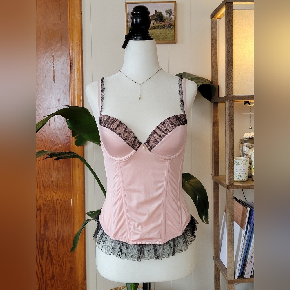 George Pink Satin Bustier with Black Lace Trim